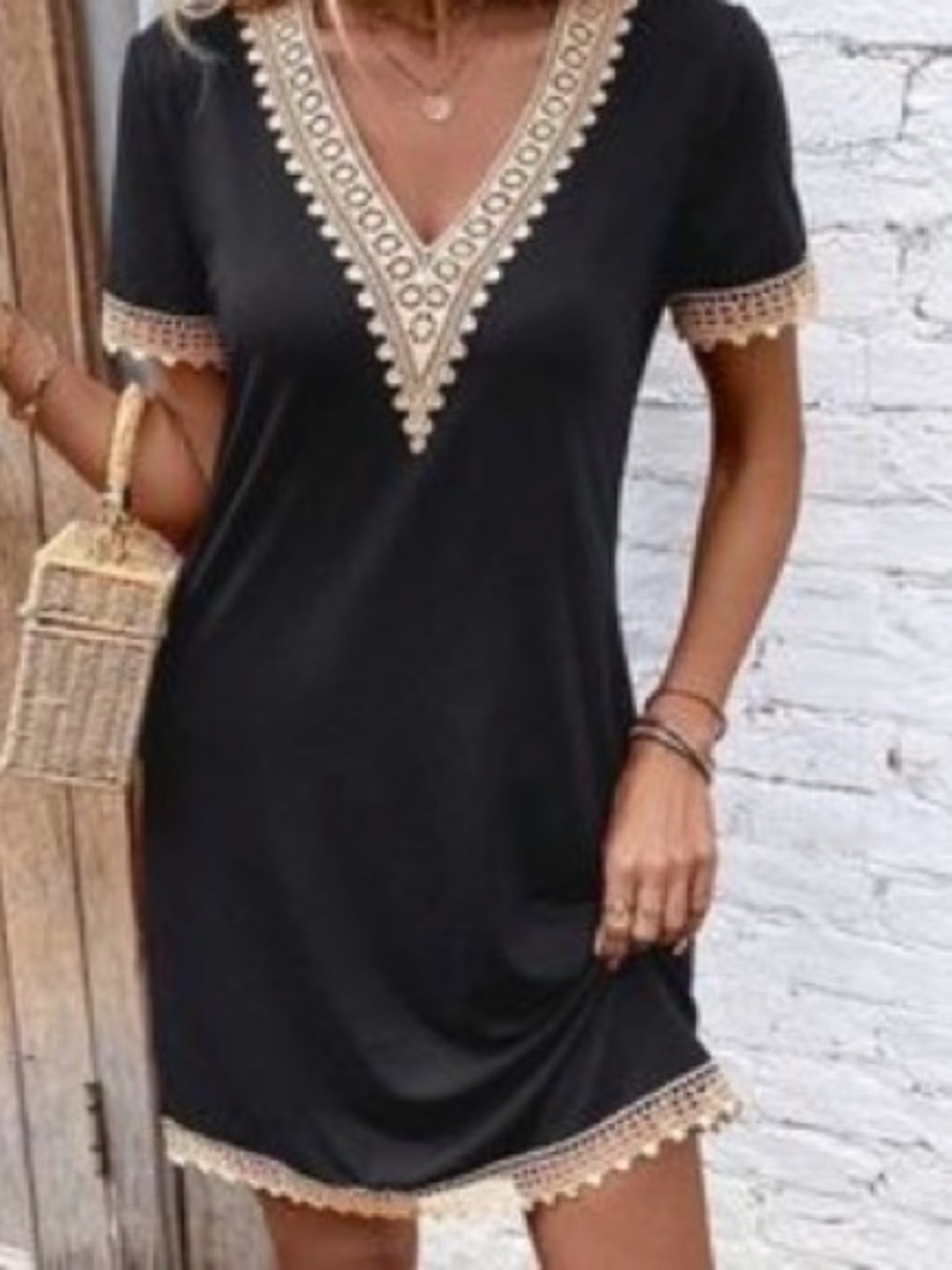 Free People Black Mini Dress with Cream Crochet Trim